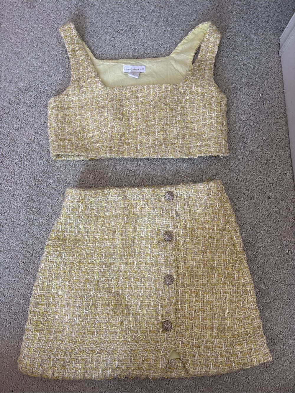 House of Harlow 1960 Yellow Tweed Crop Top & Button Front Skirt Set
